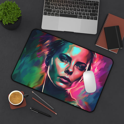 Charlize Theron Neon Watercolor Desk Mat - Colorful stylish workspace accessory.
