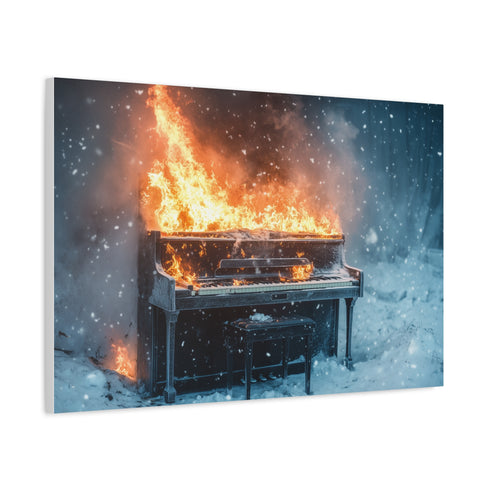 Burning Piano in Snowstorm Stretched Canvas Wall Art