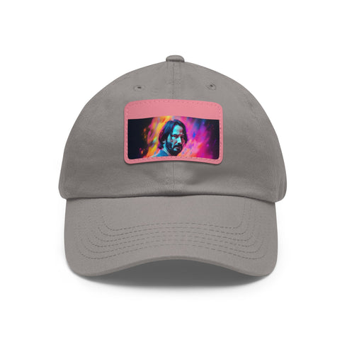 Neon watercolor baseball cap with light brown patch, vibrant design.