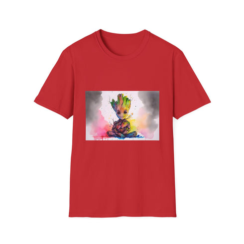 Vibrant charcoal galaxy T-shirt showcasing Baby Groot's enchanting watercolor neon design