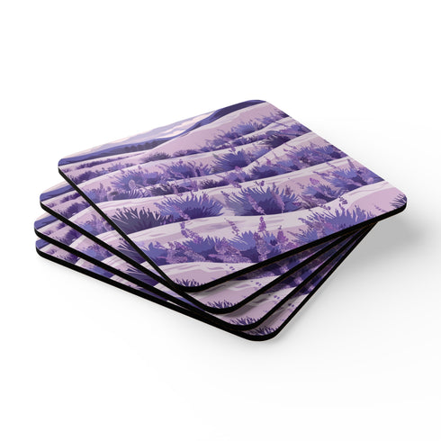 Lavender Fields Square Corkwood Coasters with Sublimated Summer Design.