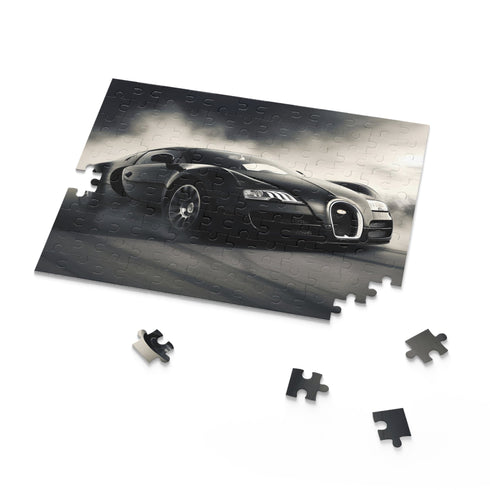 Bugatti race car jigsaw puzzle with scenic landscape background.