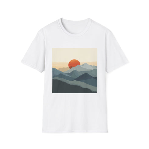 Minimalist sunrise mountain range graphic charcoal t-shirt for men and women.
