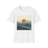 Minimalist sunrise mountain range graphic charcoal t-shirt for men and women.
