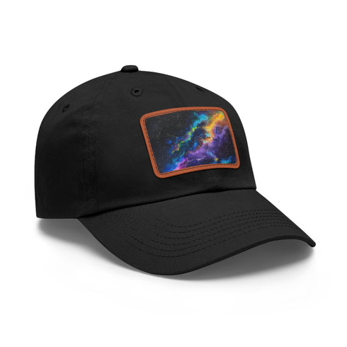 Neon galaxy snapback hat with white/light brown patch. Vibrant space design.