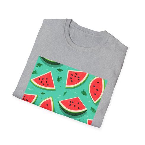 Charcoal cotton T-shirt featuring vibrant watermelon and Hawaiian floral pattern