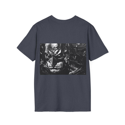 Charcoal cotton t-shirt with intricate Batman design evokes bold city vibes