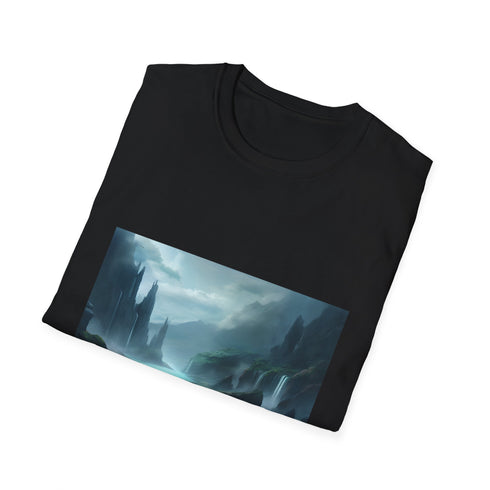 Charcoal crew neck cotton T-shirt with fantasy landscape design inspiring adventure