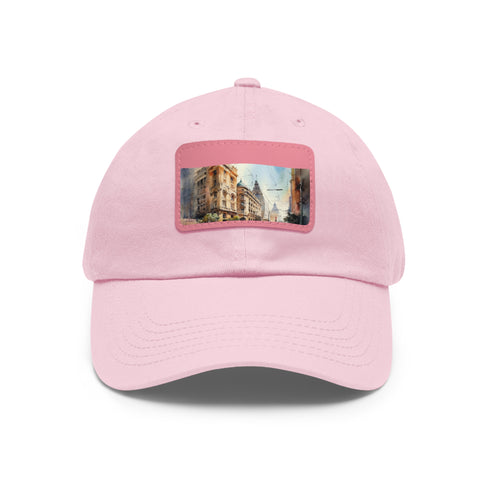 Melbourne skyline snapback cap in white with light brown patch.