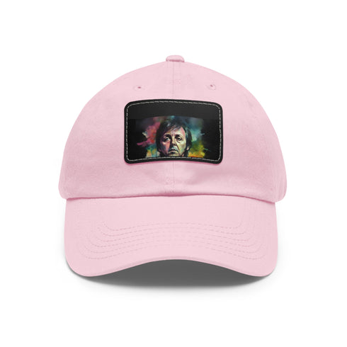 Neon watercolor Paul McCartney baseball cap, white with light brown patch.
