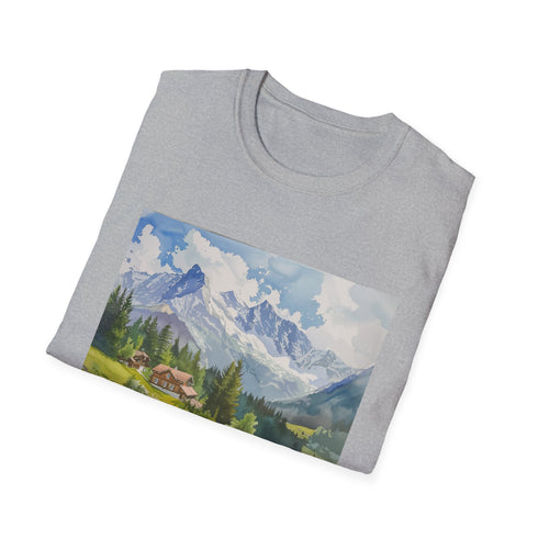 Watercolor Swiss Alps charcoal t-shirt with serene mountain valley design