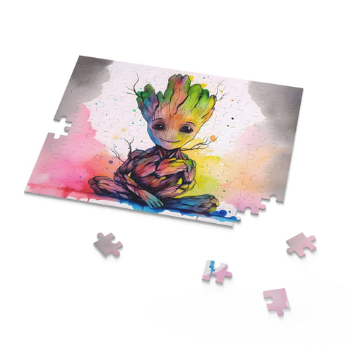 Neon Baby Groot watercolor puzzle, vibrant jigsaw for Guardians of the Galaxy fans.