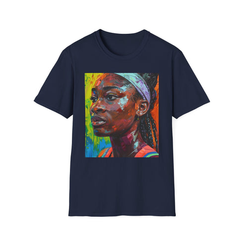 Red cotton crew neck T-shirt featuring tennis prodigy Coco Gauff design.