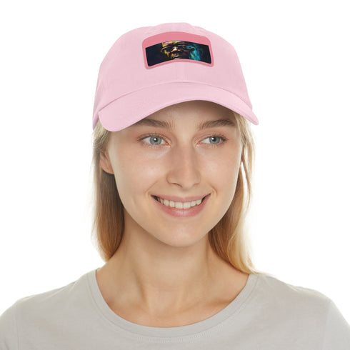 Neon watercolor baseball cap with light brown patch and rectangular design.