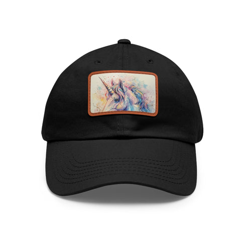 Mystical watercolor unicorn cotton hat, rectangle shape, white/light brown patch variant.