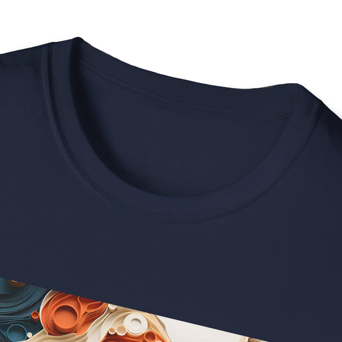 Charcoal cotton crew neck t-shirt with abstract geometric patterns