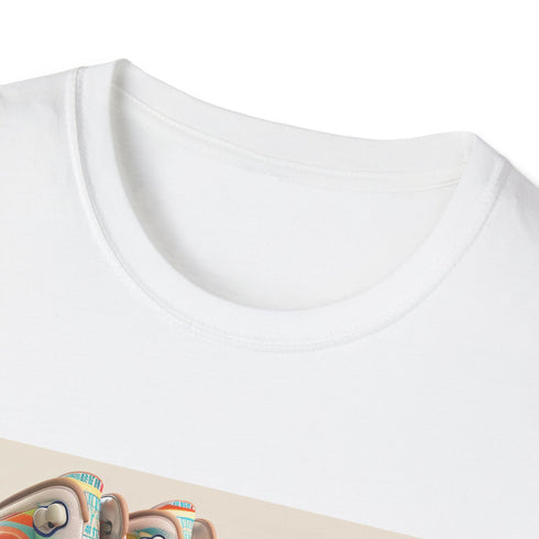 Retro roller skate T-shirt in charcoal with vibrant colorful stripes.