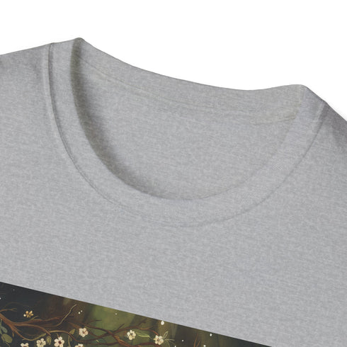 Charcoal cotton crew neck t-shirt with woodland creatures graphic playful forest vibe