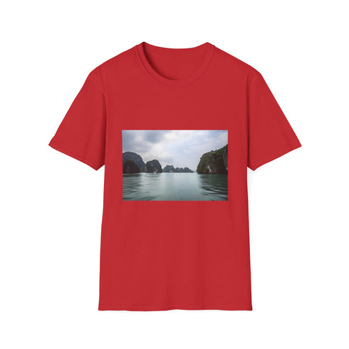 Charcoal cotton crew neck T-shirt featuring serene Halong Bay landscape design