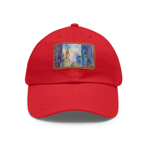 Chicago skyline themed white baseball cap with watercolor design.
