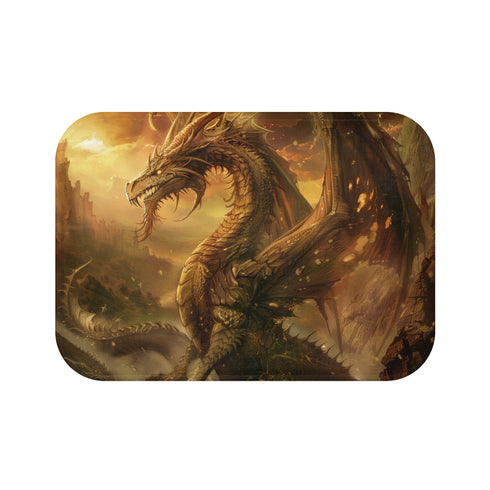 Fiery dragon bath mat with intricate details and vibrant colors.