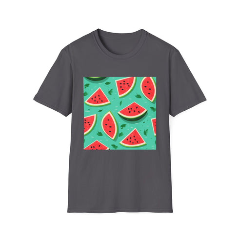 Charcoal crew neck T-shirt with tropical watermelon floral pattern soft cotton