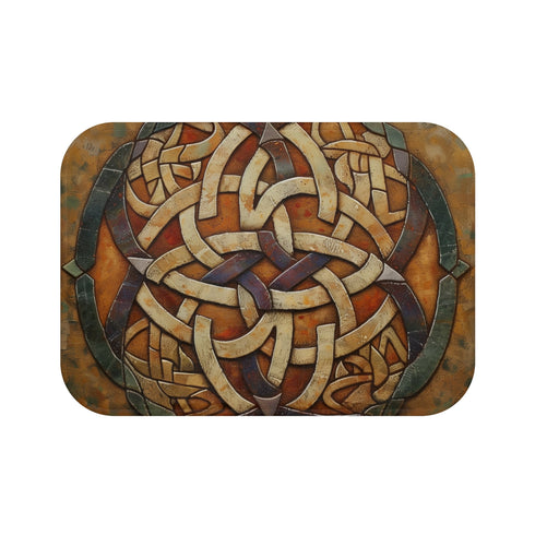 Celtic weave bath mat with intricate knot pattern for bathroom.