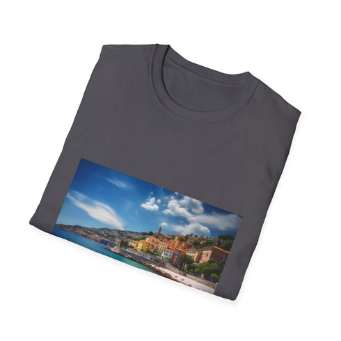 Charcoal cotton crew neck T-shirt with summer-inspired vibrant beach design