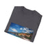 Charcoal cotton crew neck T-shirt with summer-inspired vibrant beach design