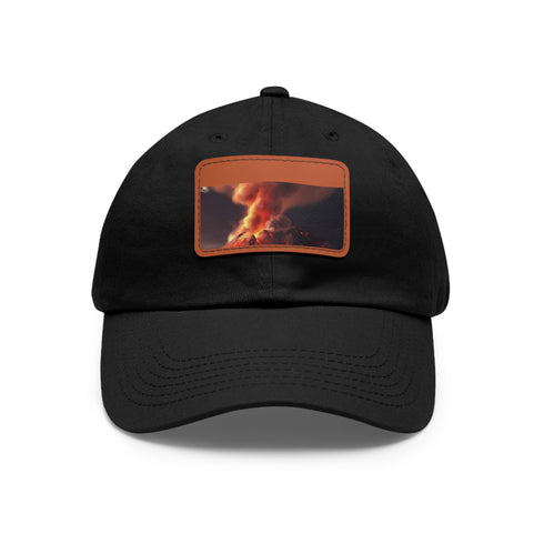 Fiery volcano baseball cap with light brown patch and rectangle shape.