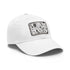 Monochrome baseball cap with repeating pattern design in black and white.
