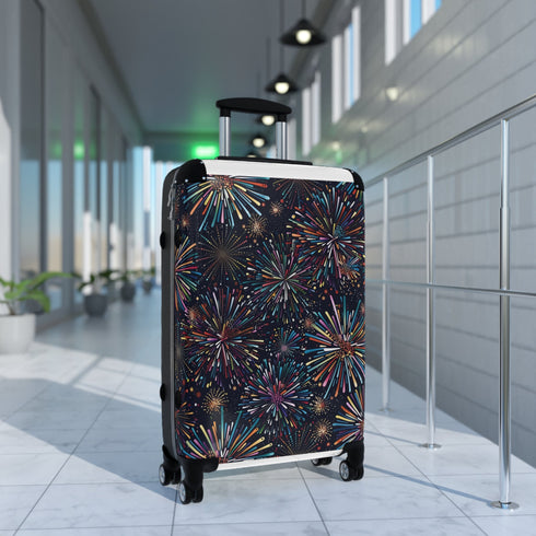 Colorful fireworks print small black suitcase bag for travel accessories.