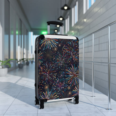 Colorful firework pattern small black travel suitcase bag for accessories.