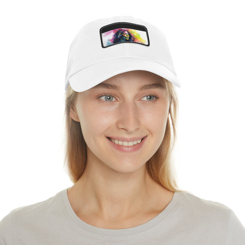 White baseball cap with neon colors and light brown patch.