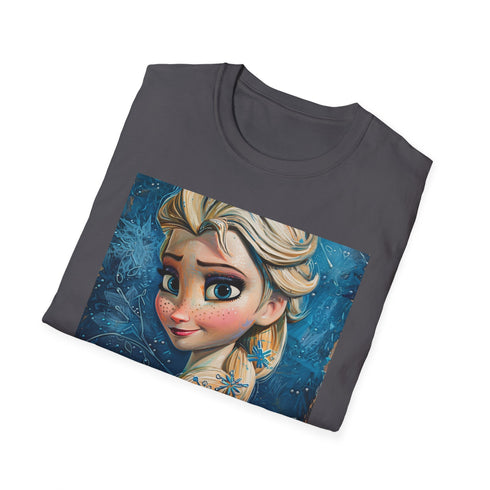 Charcoal crew neck T-shirt with vibrant Elsa Frozen painting design