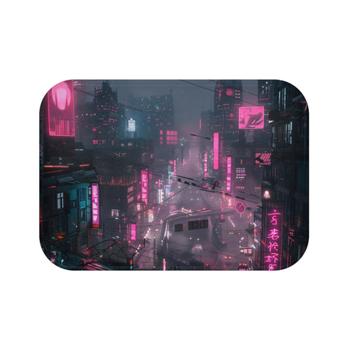 Cyberpunk neon-lit cityscape bath mat for a futuristic bathroom vibe.