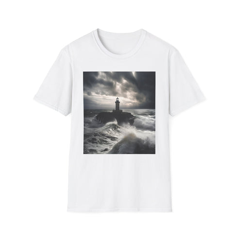 Charcoal cotton crew neck T-shirt with lighthouse amid storm design