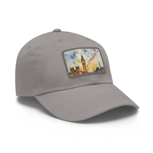 London skyline watercolor baseball cap, white with light brown patch.