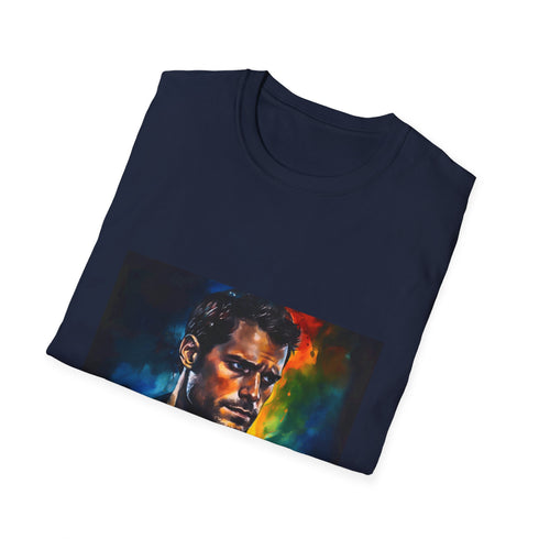 Charcoal cotton t-shirt featuring neon watercolor graphic of heroic spirit