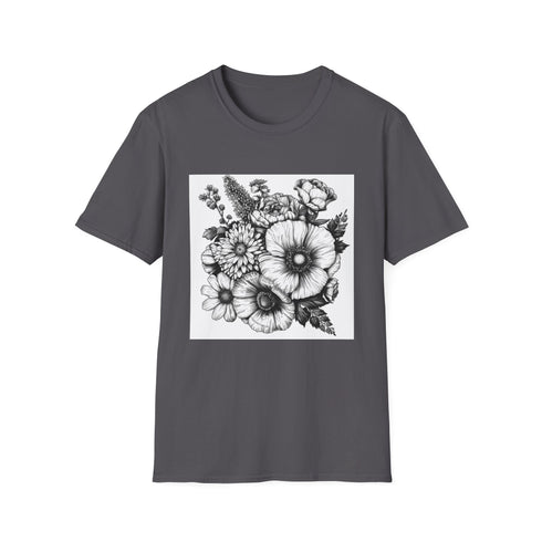 Hand-drawn floral charcoal T-shirt with crew neck and regular fit design