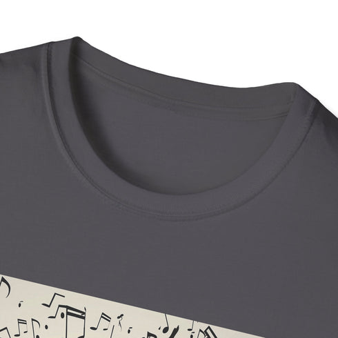 Charcoal dancer silhouette t-shirt with musical notes design, regular fit.
