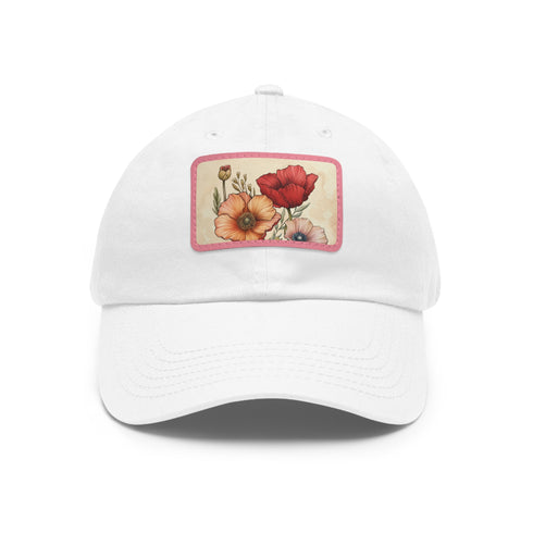 Blooming blossoms white baseball cap with light brown patch.