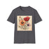 Charcoal crew neck t-shirt with vibrant hand-drawn floral sketches