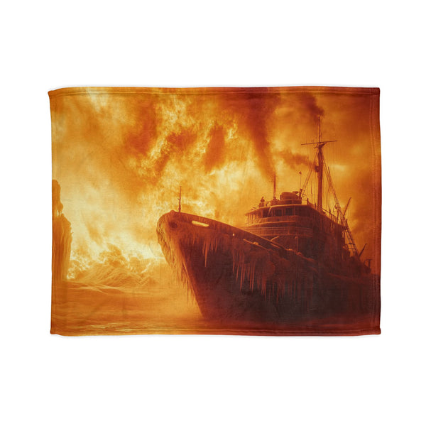 Frozen Ship Adrift in Firestorm — Plush Fleece Throw Blanket — Full Flat Artwork View