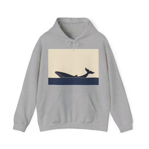 Solitary whale's journey navy hoodie, regular fit, unisex, tranquil ocean silhouette.