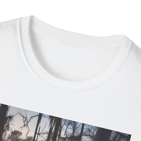 Charcoal cotton T-shirt with mystical cypress swamp sunset design
