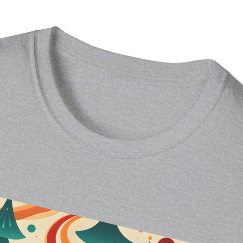 Groovy charcoal T-shirt with psychedelic ocean print and vibrant 70s-inspired design