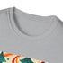 Groovy charcoal T-shirt with psychedelic ocean print and vibrant 70s-inspired design