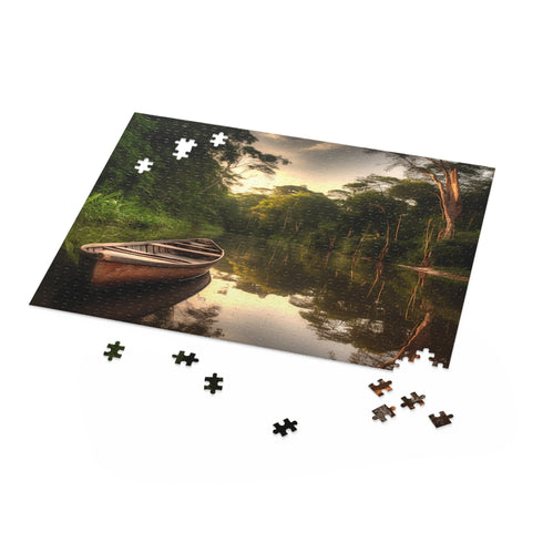 Vibrant Amazon River Adventure Jigsaw Puzzle feat. lush rainforests, exotic wildlife.