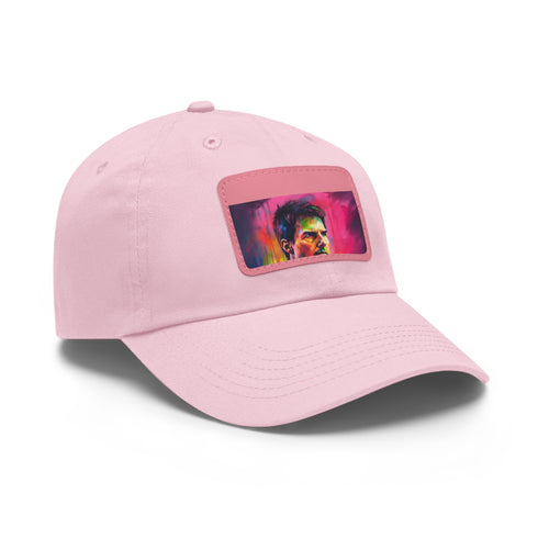 Neon watercolor baseball cap with light brown patch and rectangle shape.